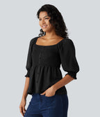 Blouse casual babydoll col carré à manches bouffantes mi-longues et détails froncés