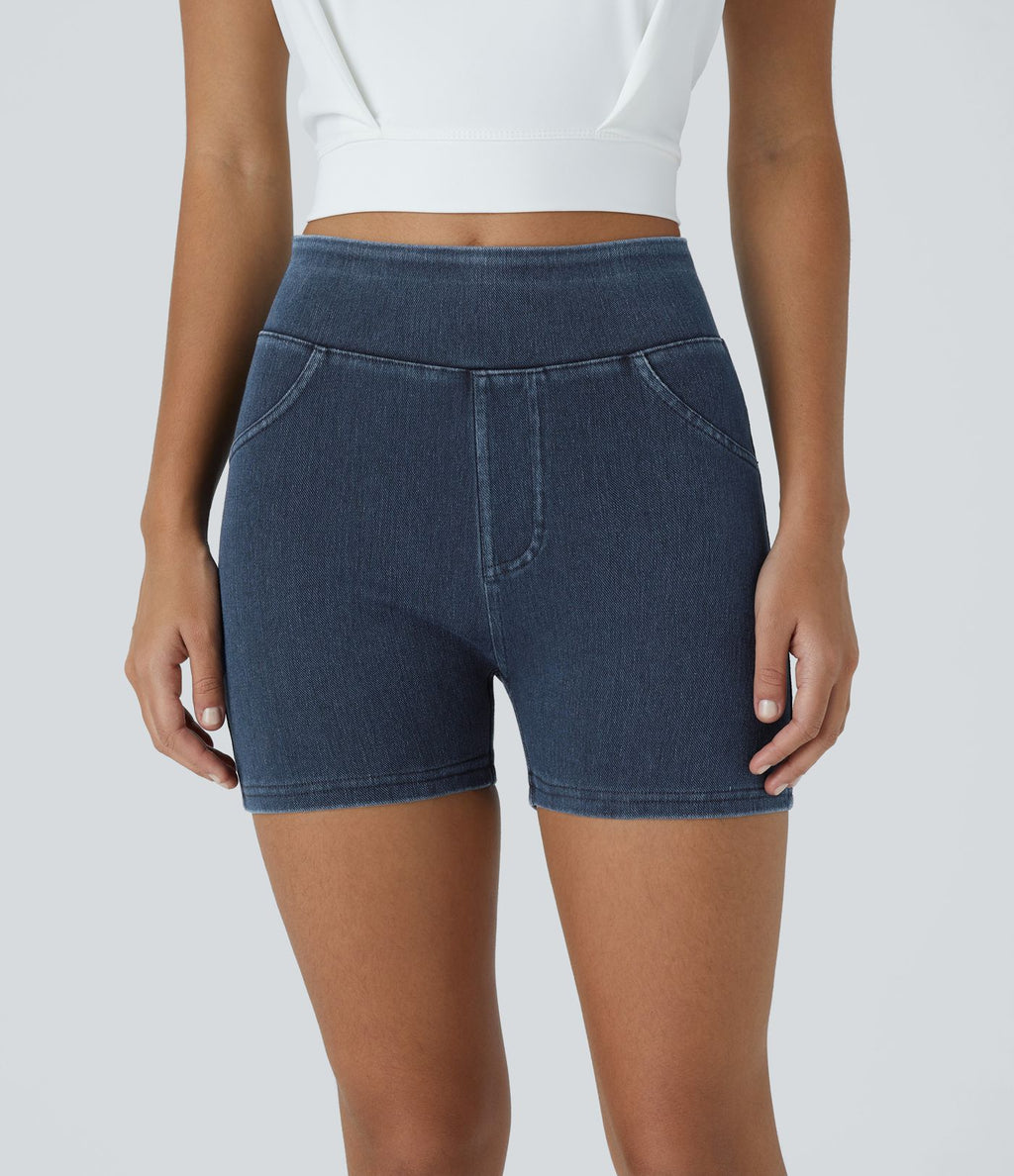 Halara Flex™ Shorts 7,5cm Casual en Denim Tricot Extensible Taille Haute Avec Poches Latérales Arrière