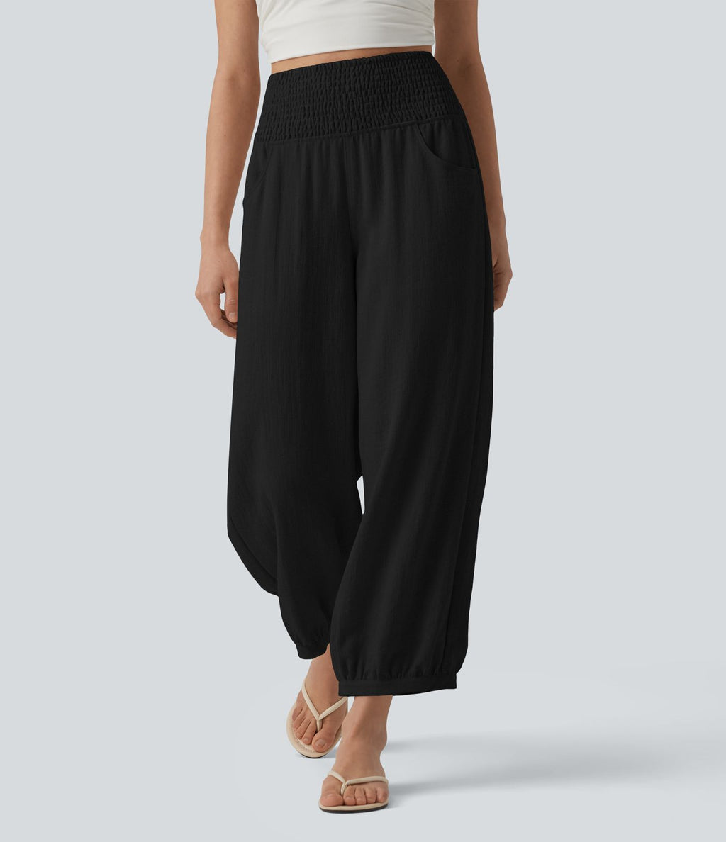 Pantalon casual bouffant aspect lin avec fronces taille haute et poches