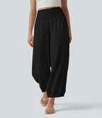 Pantalon casual bouffant aspect lin avec fronces taille haute et poches