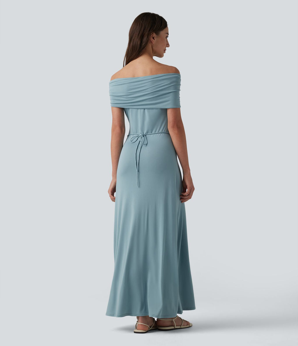 Robe casual maxi froncée à épaules dénudées avec lien noué dans le dos