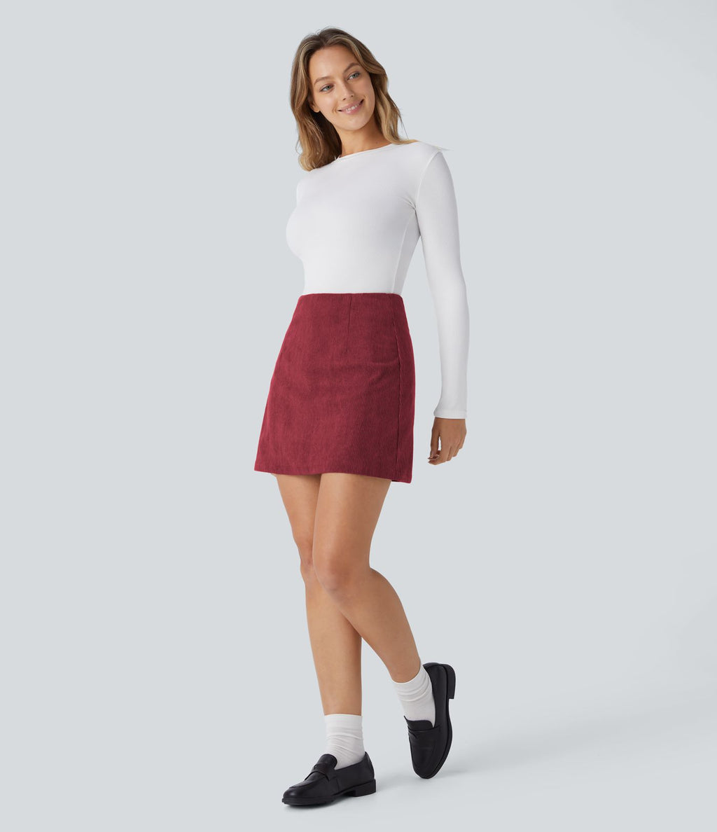 Jupe décontractée 2-en-1 en velours côtelé à taille haute, coupe évasée, longueur mini allongée et zip invisible