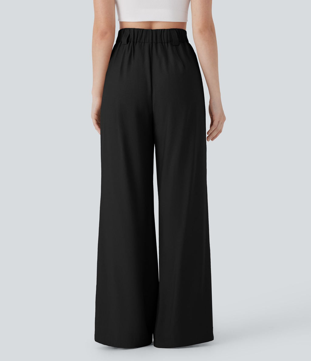 Pantalon large fluide effet lin taille moyenne avec poches