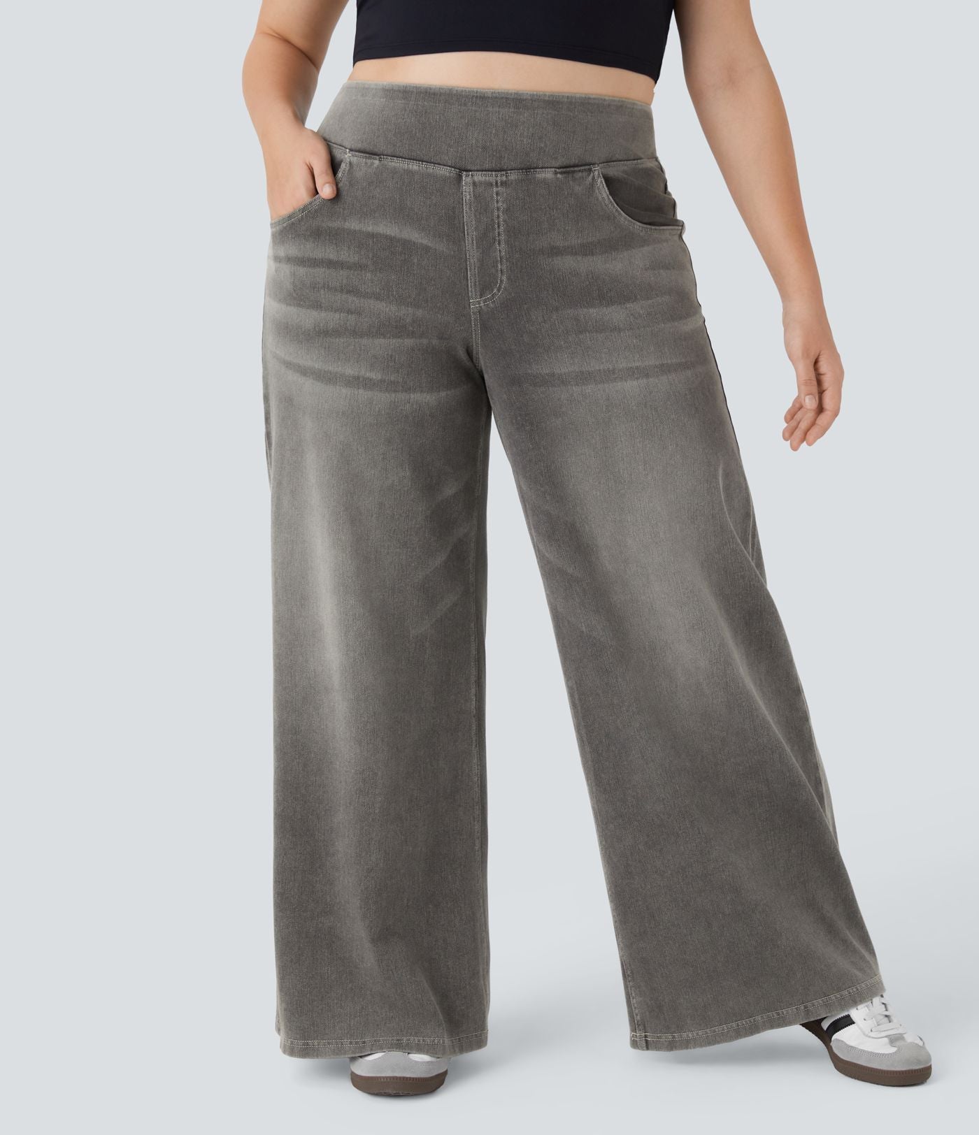 Halara Flex™ Jeans Larges Casual Taille Haute Multiples Poches Lavés Élastiques et Tricotés Grande Taille