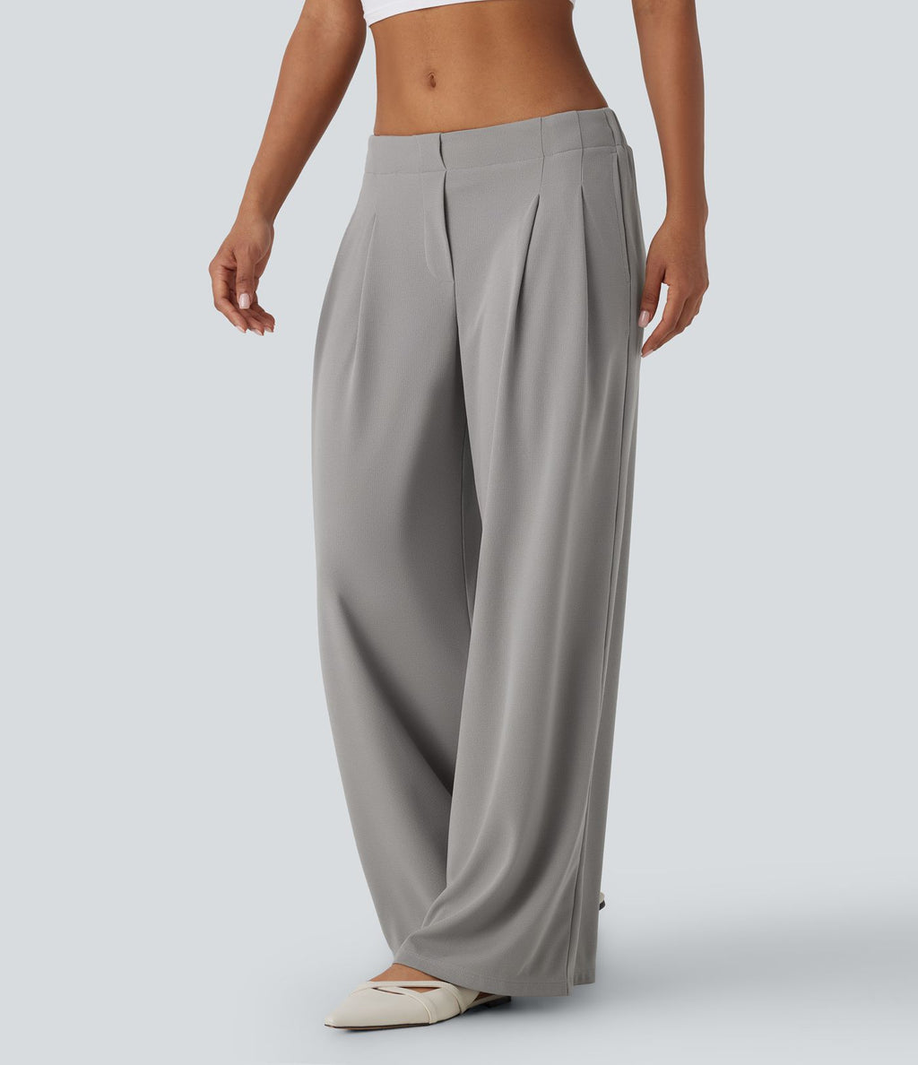Pantalon décontracté taille basse à jambes larges en tissu gaufré avec poches latérales