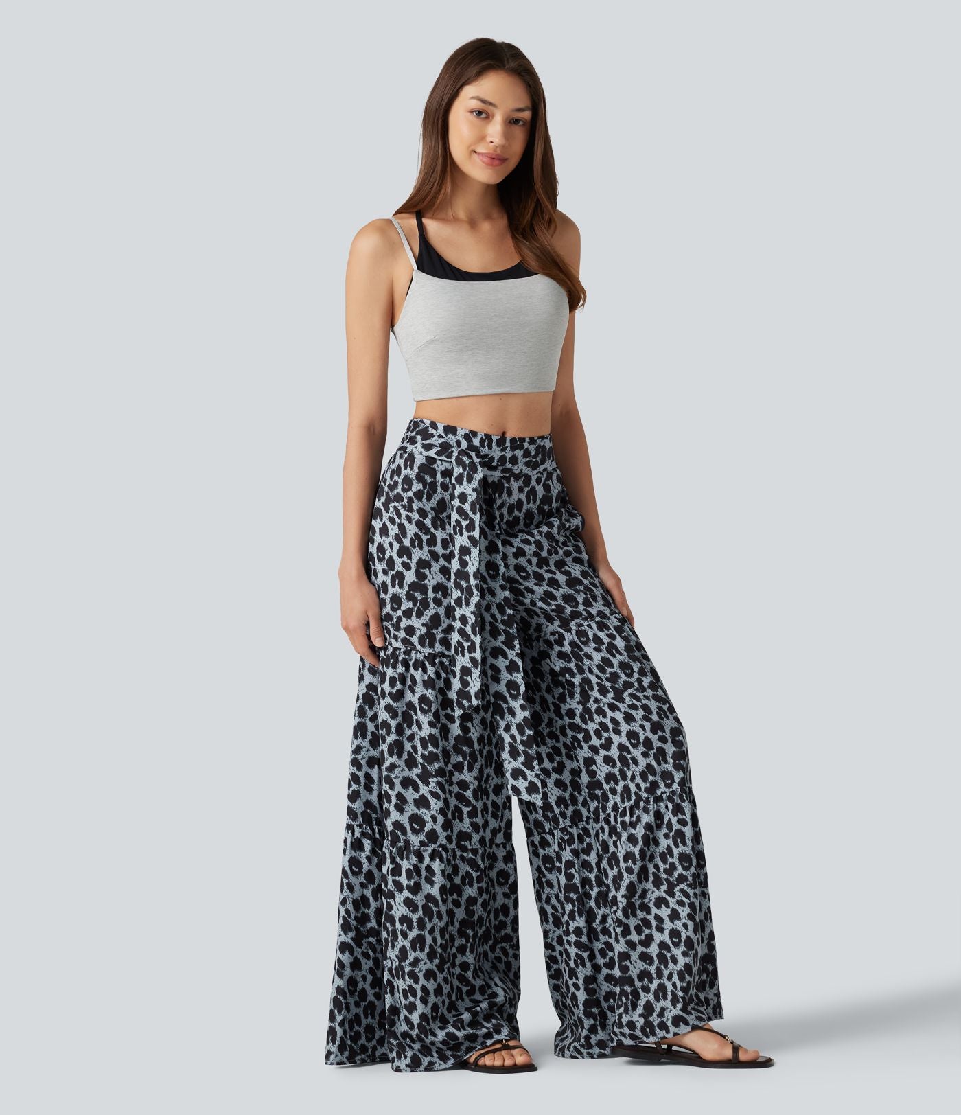 Pantalon ample décontracté taille mi-haute avec nœud devant imprimé léopard avec poches