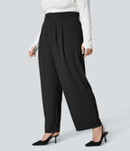 Pantalon Tailleur Droite Taille Haute Boutonnés Fermeture Éclair Plissé Poches Latérales Froncé Grande Taille