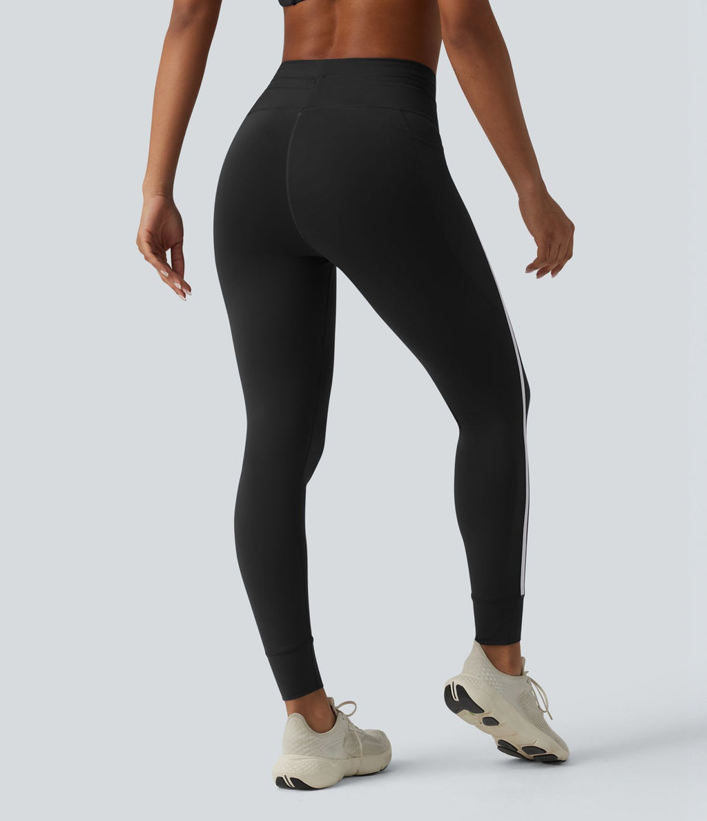 Legging de yoga 7/8 ventre plat taille haute avec cordon de serrage rayé color block et poches