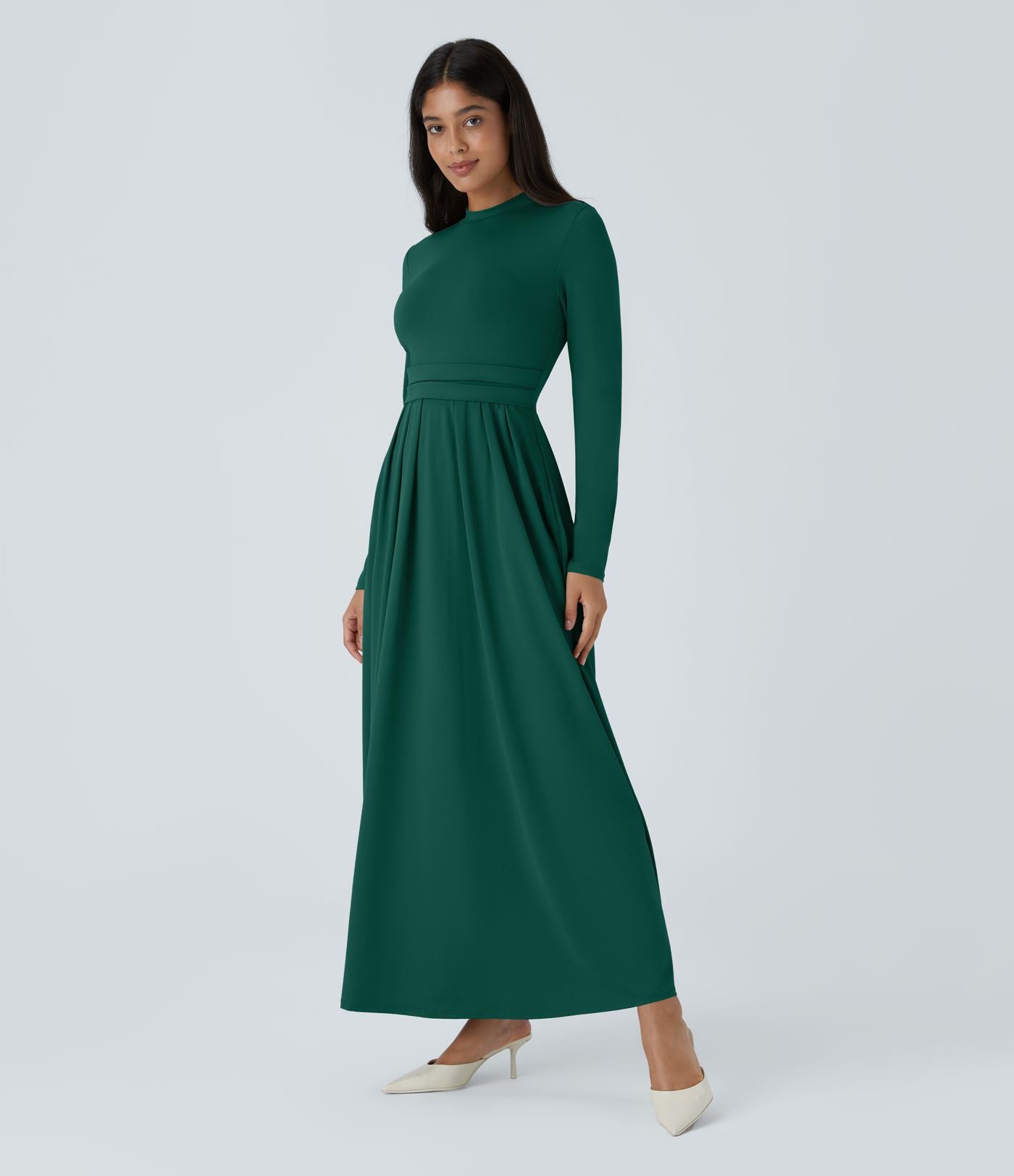 Robe longue décontractée à col montant, manches longues, plissée, avec poches latérales et coupe évasée