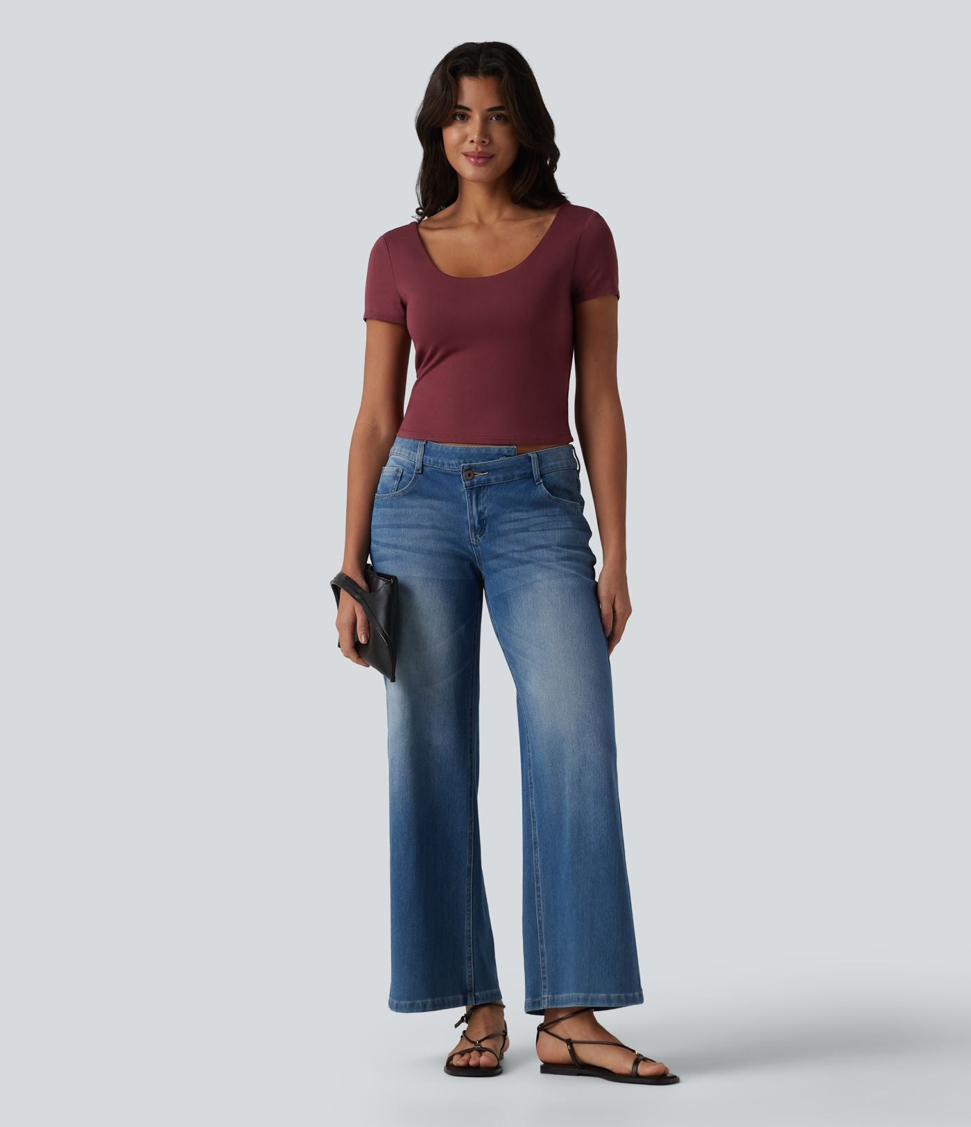 T-shirt casual col U manches courtes avec soutien-gorge intégré, dentelle contrastante et dos à nouer