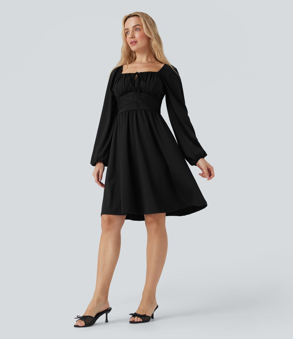 Robe décontractée mini décolleté carré manches longues laçage corset avec lien dos