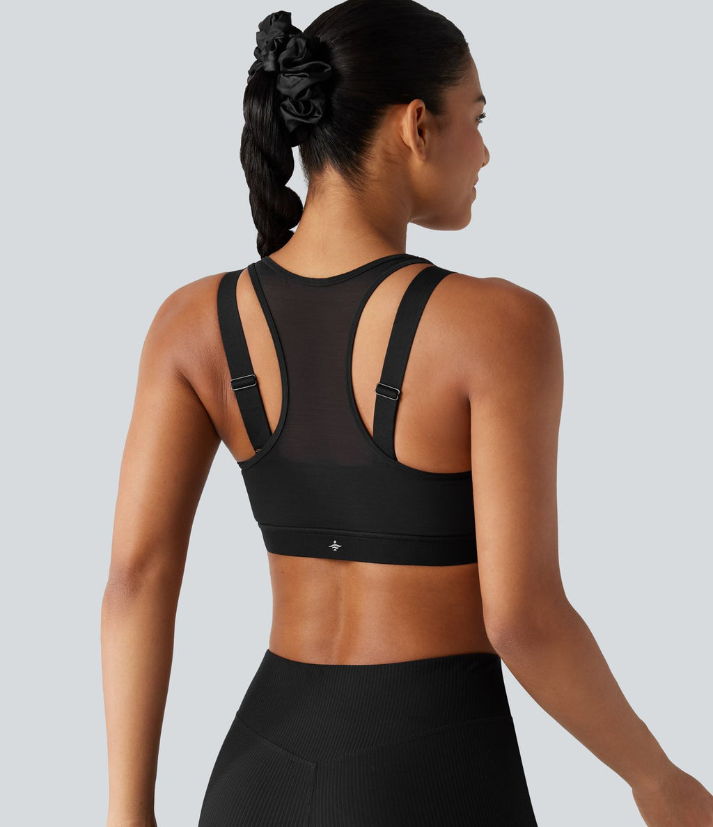 Brassière de sport d'entraînement maintien moyen col rond échancré dos nageur avec fermeture éclair, mesh contrasté et coussinets non amovibles