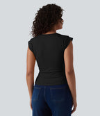 T-shirt décontracté col V manches courtes ourlet arrondi froncé