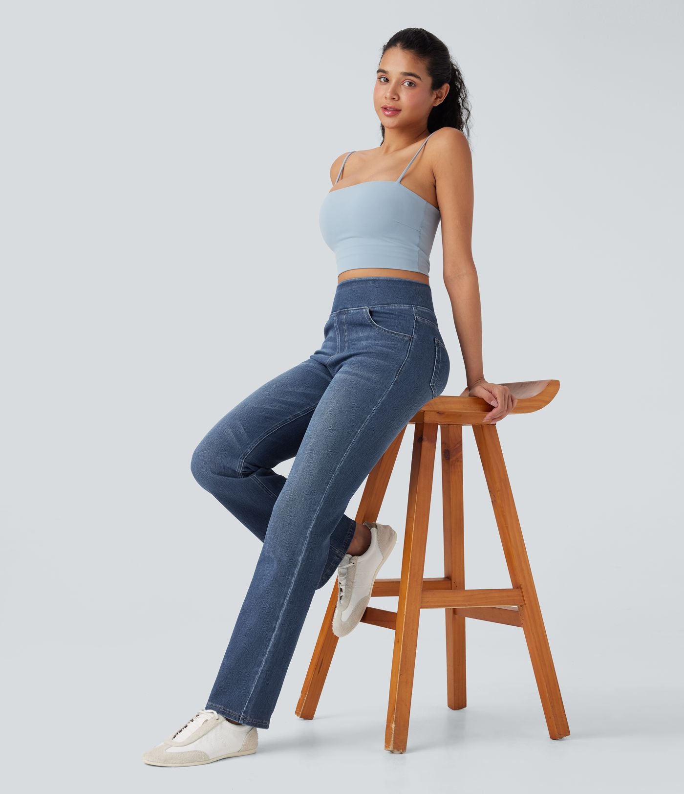 Halara Flex™ Jean évasé casual délavé taille haute gainant avec poches