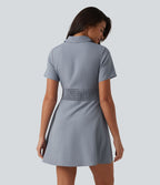 Robe chemise courte casual col manches courtes avec fronces et taille cintrée à rayures