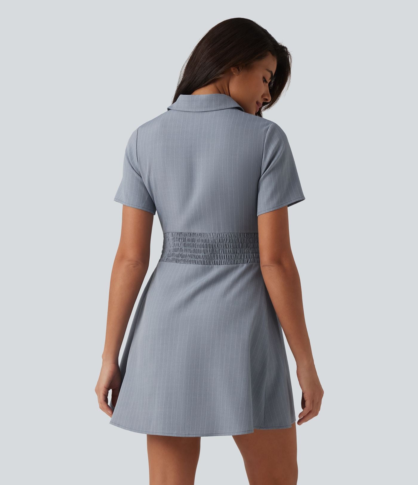 Robe chemise courte casual col manches courtes avec fronces et taille cintrée à rayures