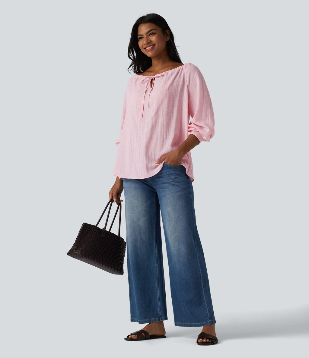 Blouse casual oversize aspect lin à épaules dénudées, lien noué et manches longues