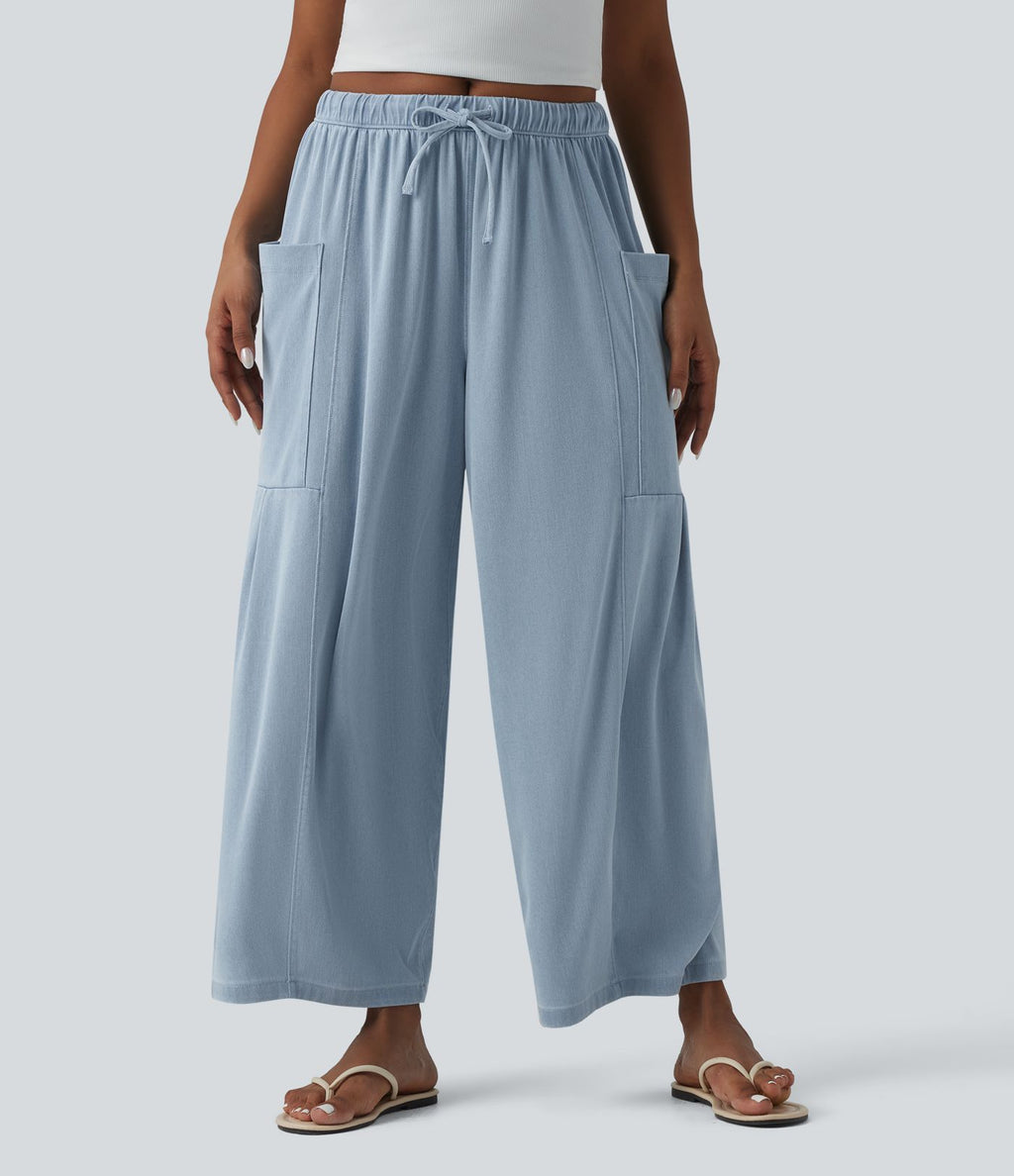Halara Flex™ Jean large 7/8 casual taille mi-haute en lyocell drapé, avec cordon de serrage et poches