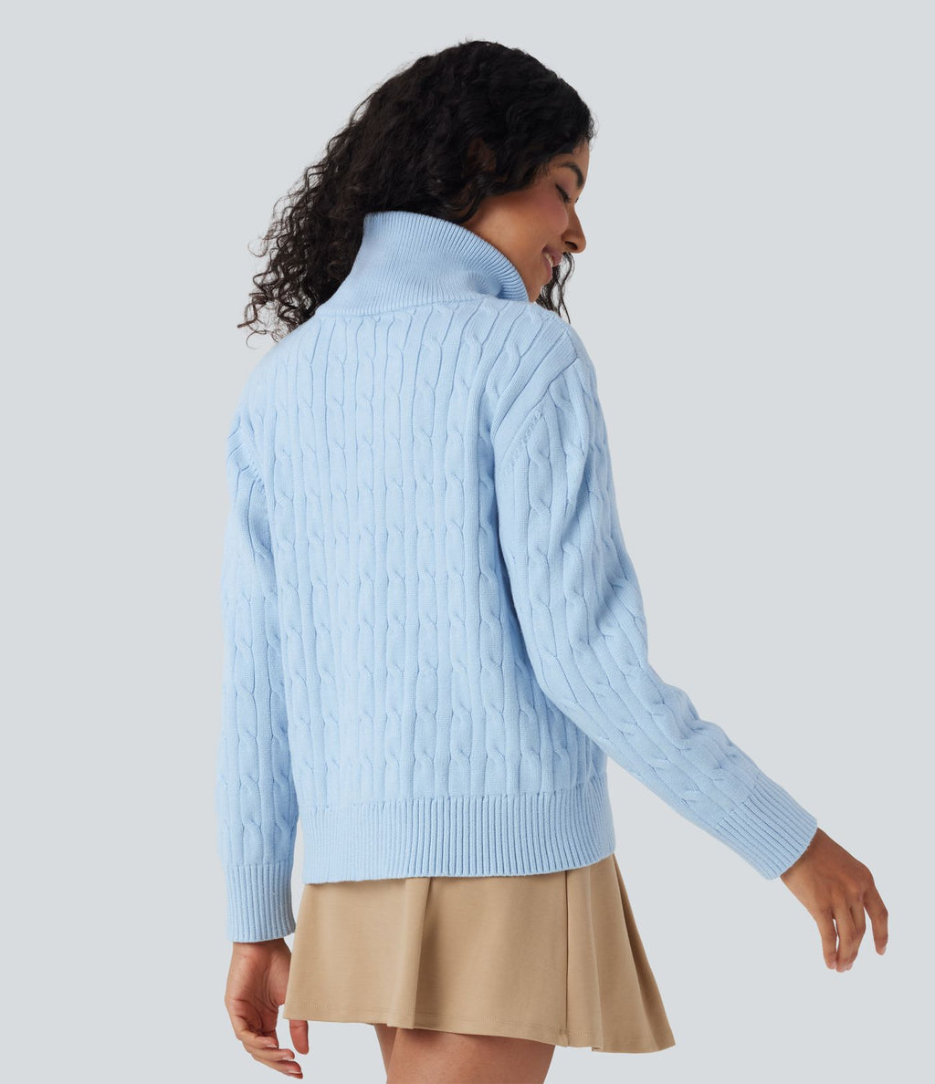 Pull de travail maille torsadée col montant demi-fermeture éclair