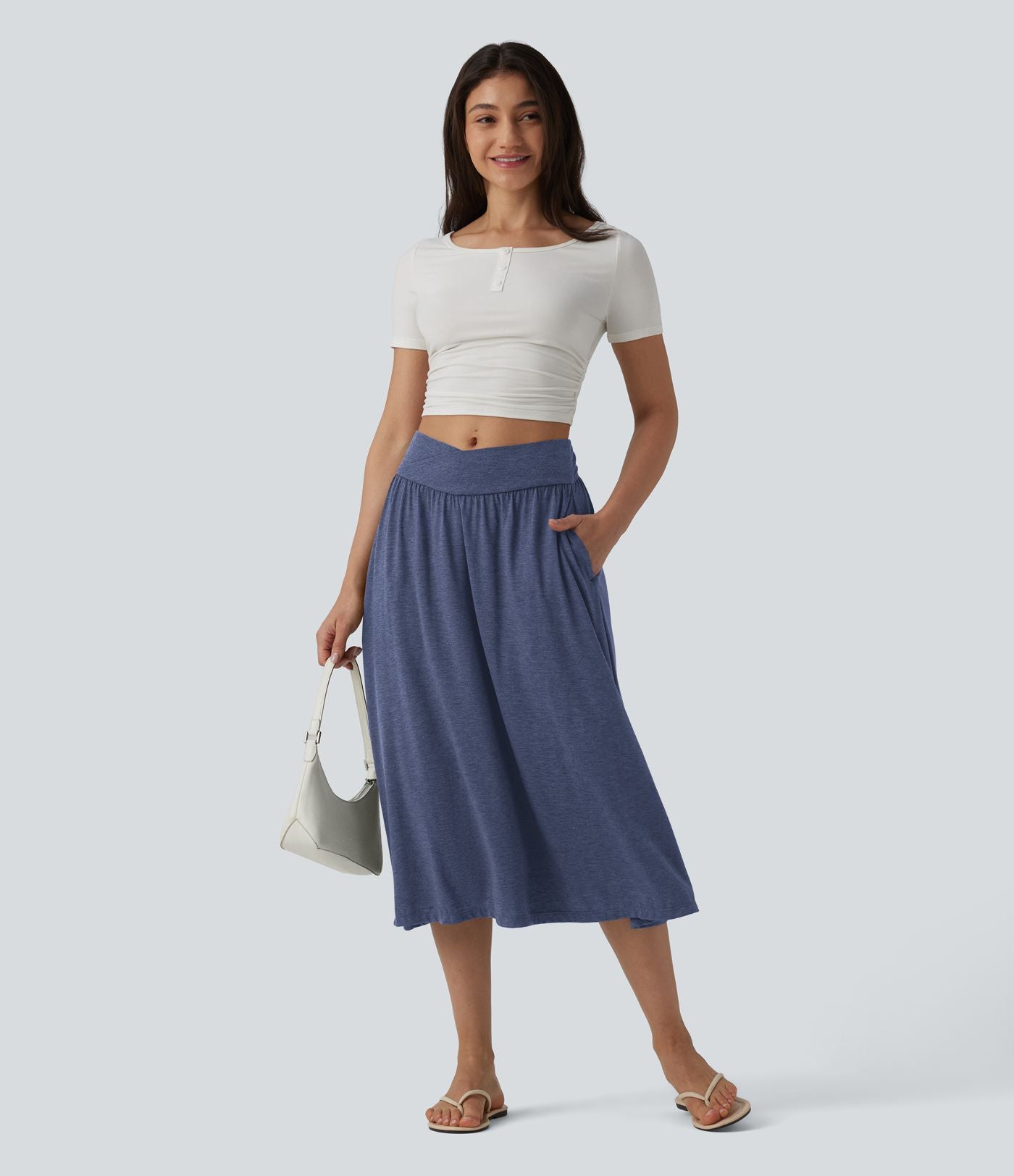 Jupe midi casual fluide croisée taille haute avec poches