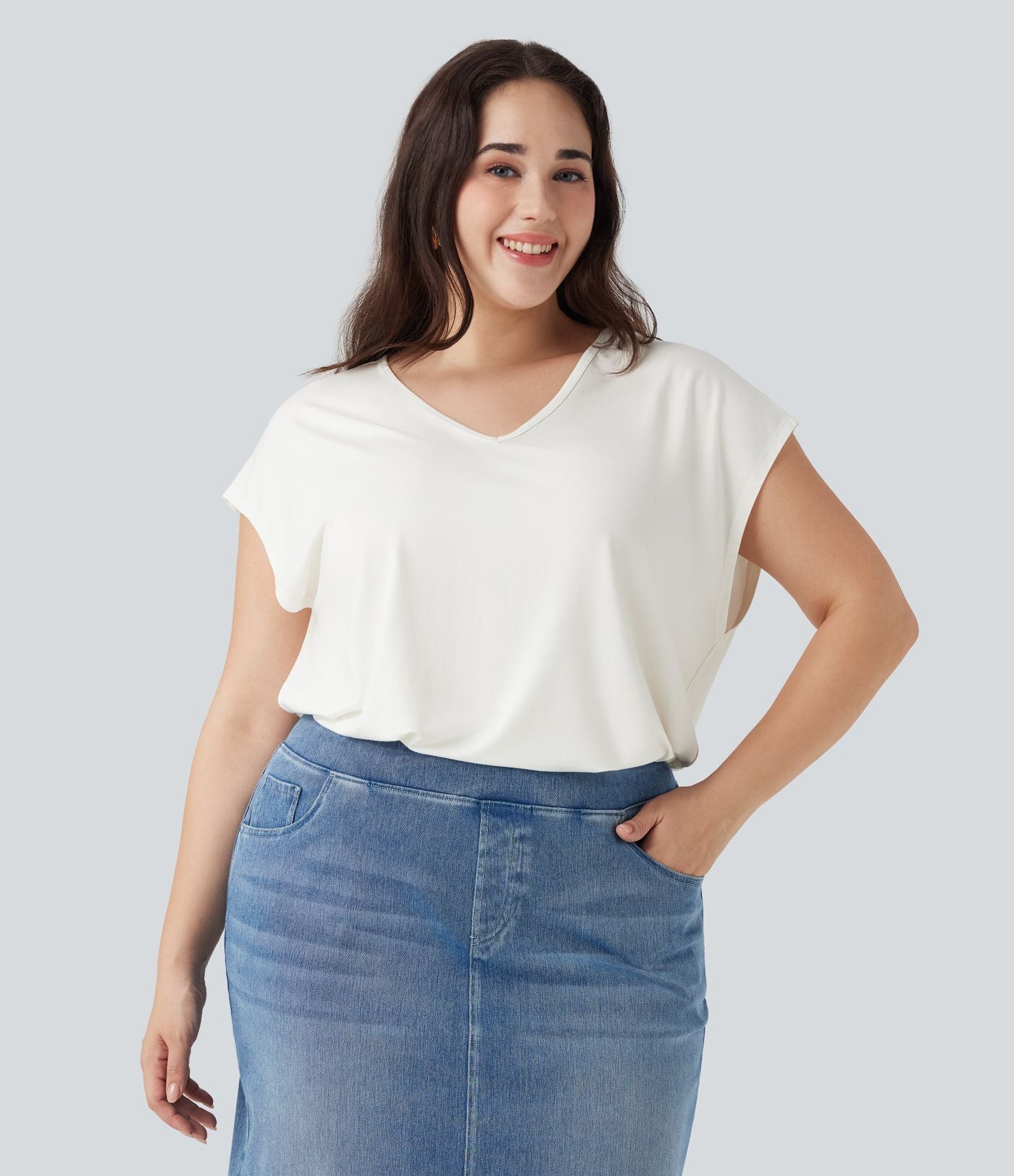 T-shirt décontracté grande taille col V manches courtes