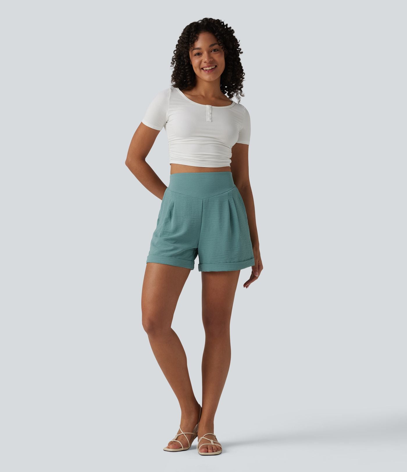 Short détente effet lin taille haute, entrejambe 10cm avec poches