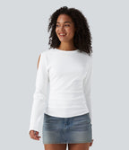 T-shirt décontracté en coton col rond manches longues découpes