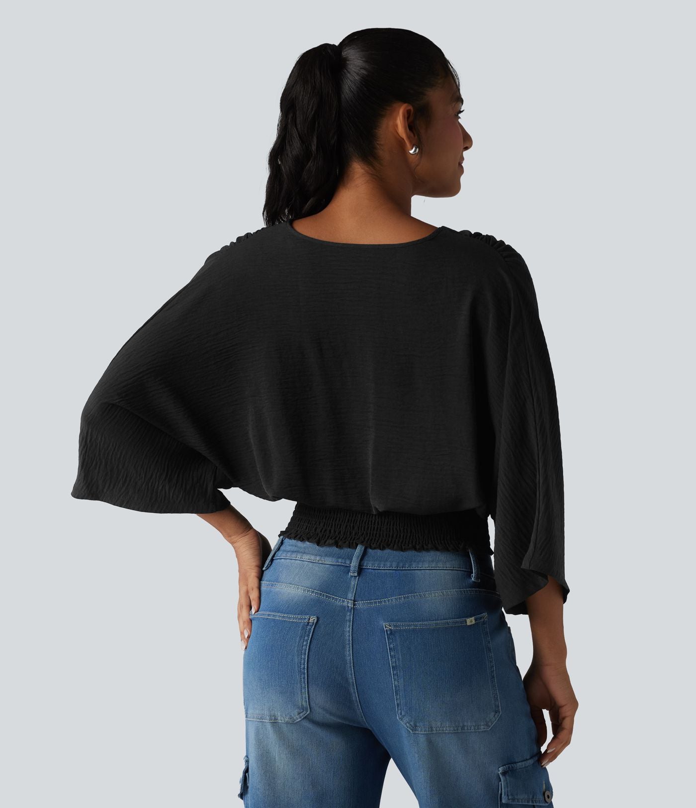 Blouse décontractée effet lin col V, manches chauve-souris et détails froncés