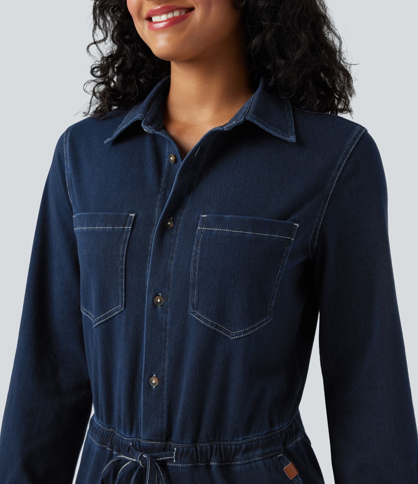 Combinaison denim délavé Halara Flex™ jambes larges manches longues avec cordon de serrage et poches - Édition Easy Peasy