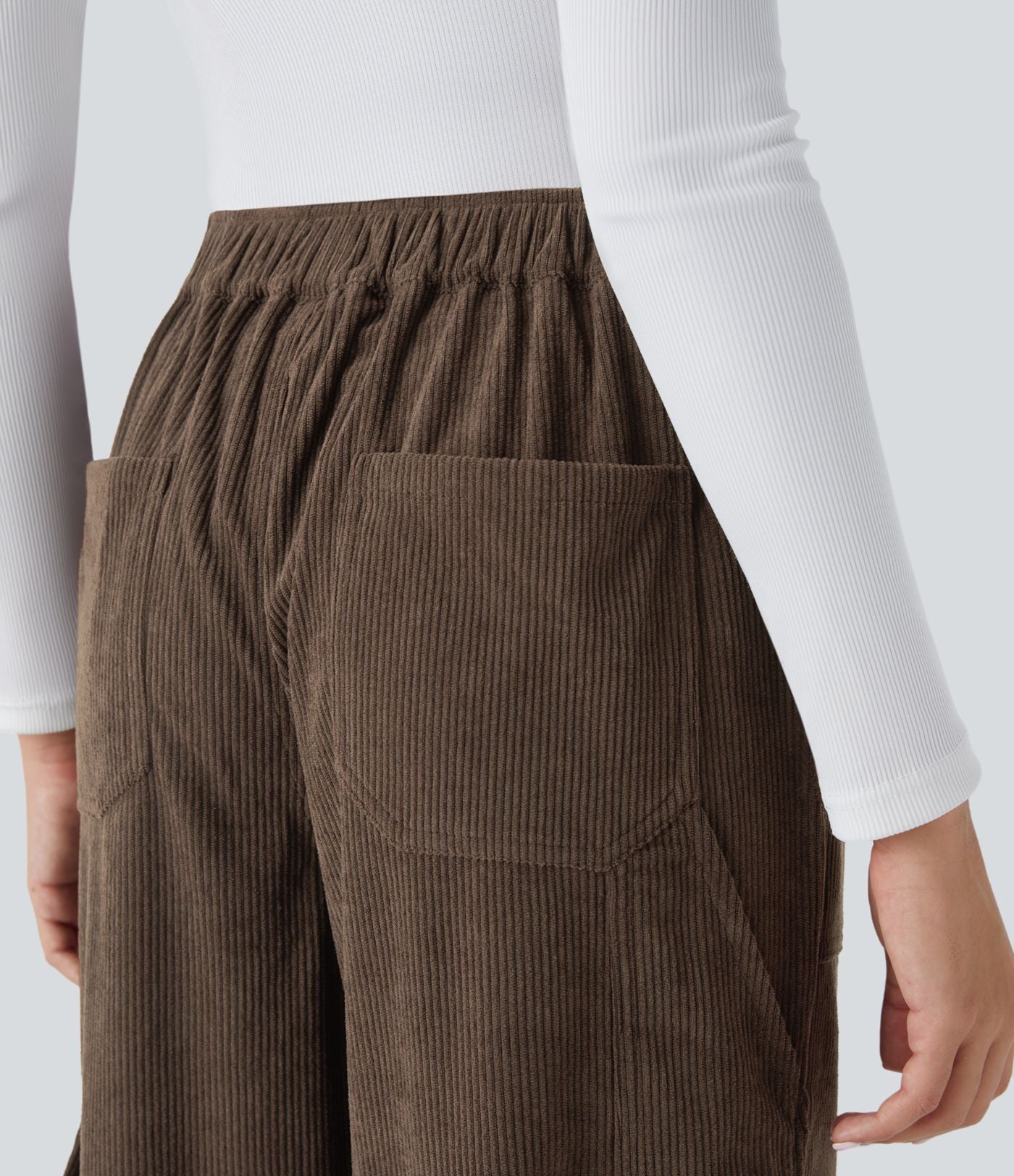 Pantalon cargo décontracté droit en velours côtelé, taille mi-haute, avec poches
