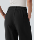 Pantalon tailleur droit taille haute aspect lin avec poches