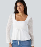 Top babydoll de soirée col U à manches longues avec dentelle contrastante et cordon de serrage