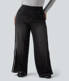Halara Flex™ Jean large fluide taille haute à rayures délavé décontracté grande taille avec poches