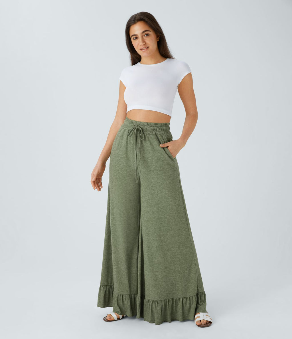 Pantalon Casual à Taille Haute avec Cordon De Serrage Poches Latérales et Volants Jambes Amples