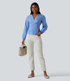 Blouse de travail rayée à col V, manches longues et dos noué