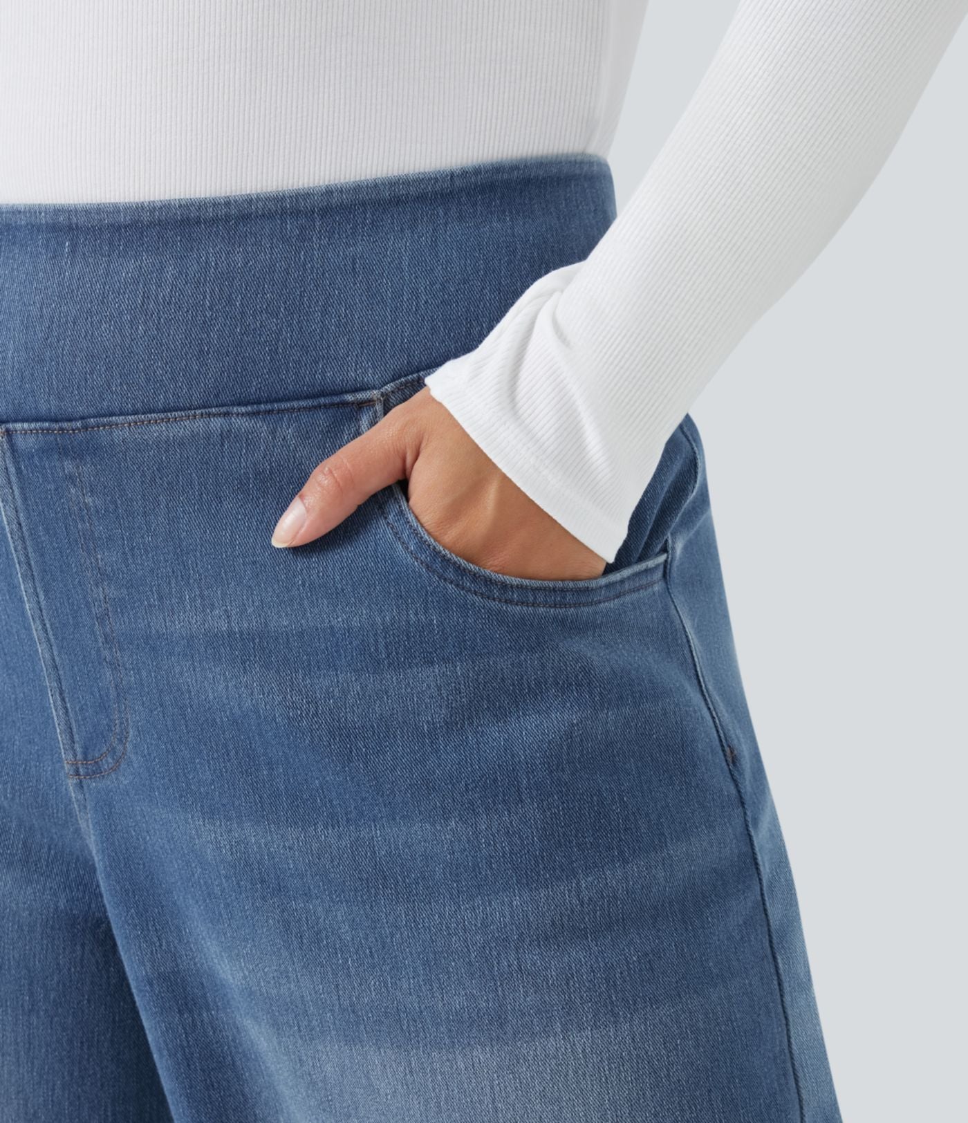 Halara Flex™ Jeans Larges Casual Taille Haute Multiples Poches Lavés Élastiques et Tricotés Grande Taille