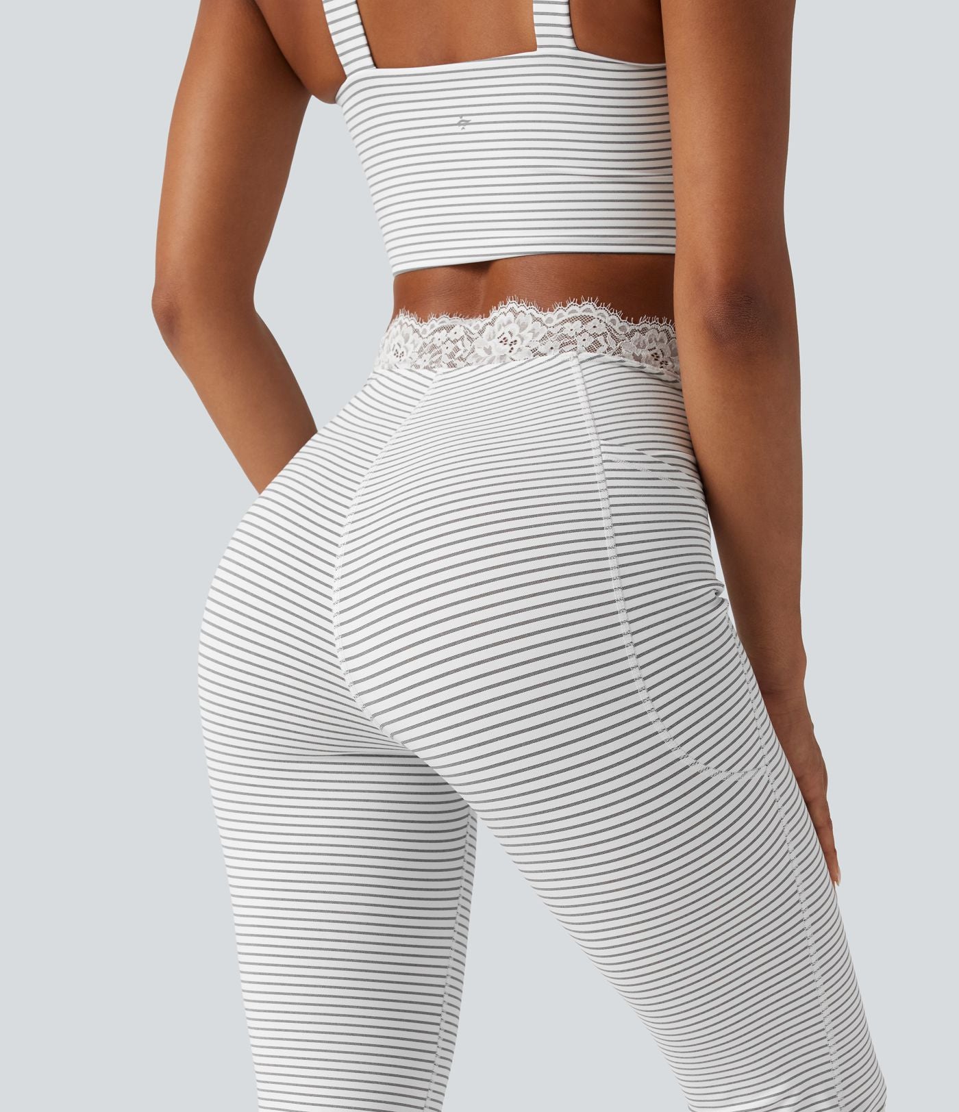Legging de yoga flare taille haute en V avec dentelle contrastée, rayures et poches