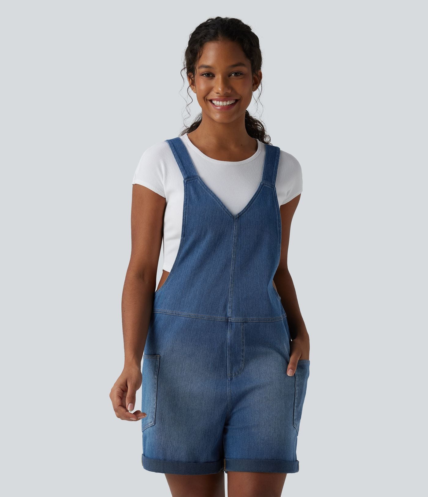 Salopette en jean Halara Flex™ col V délavée décontractée à ourlet roulotté avec poches