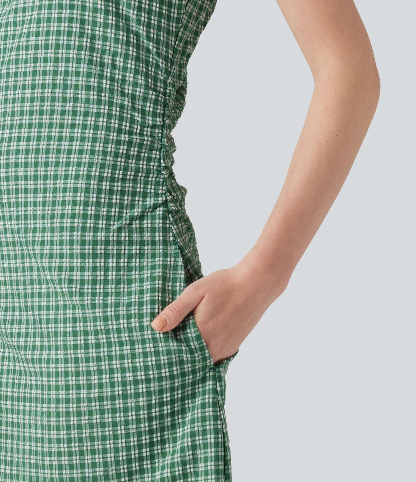 Robe mini casual sans manches col bateau à carreaux vichy, avec poches
