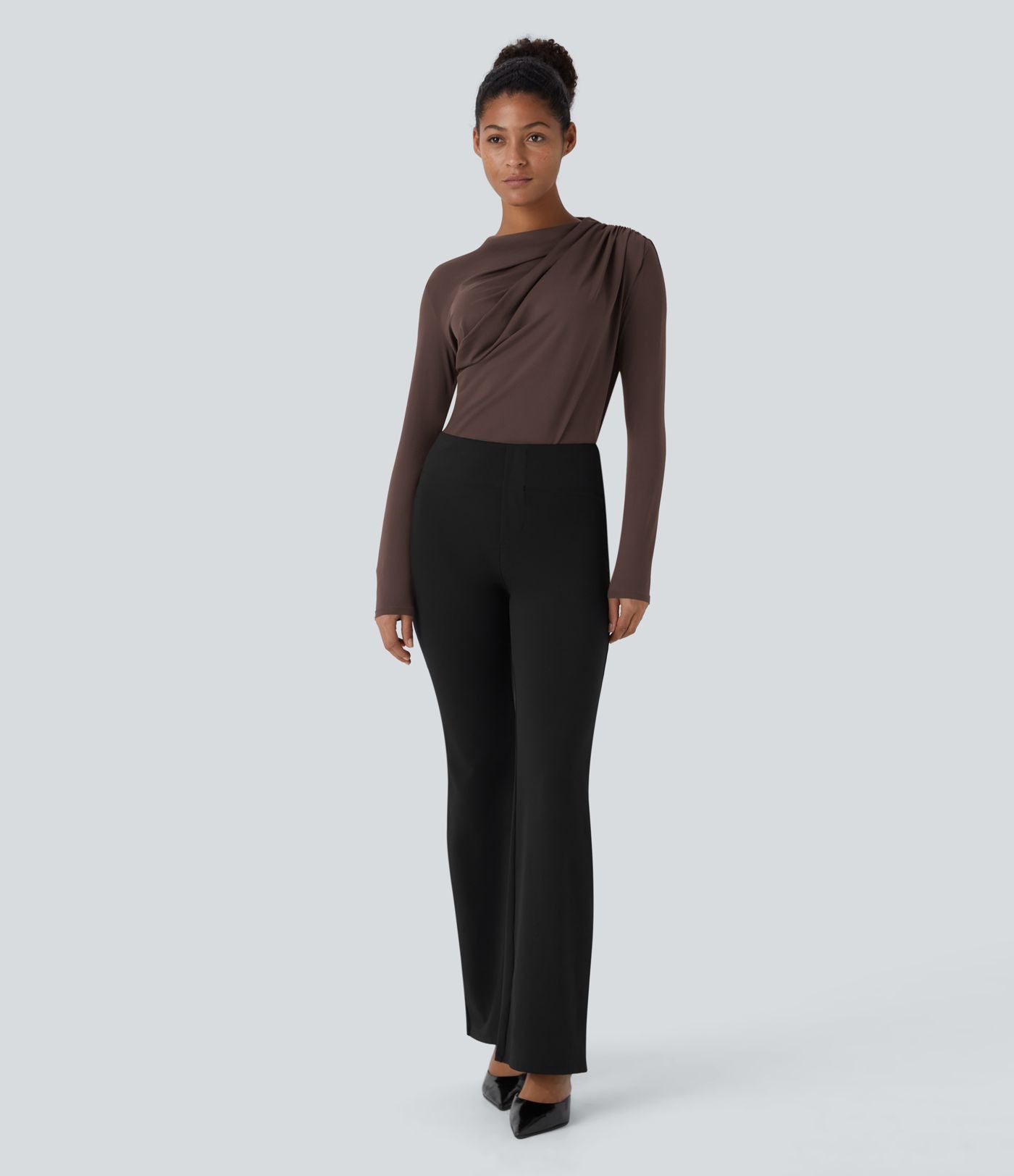 Cowl Neck Ruched Long Sleeve Slim Work Top