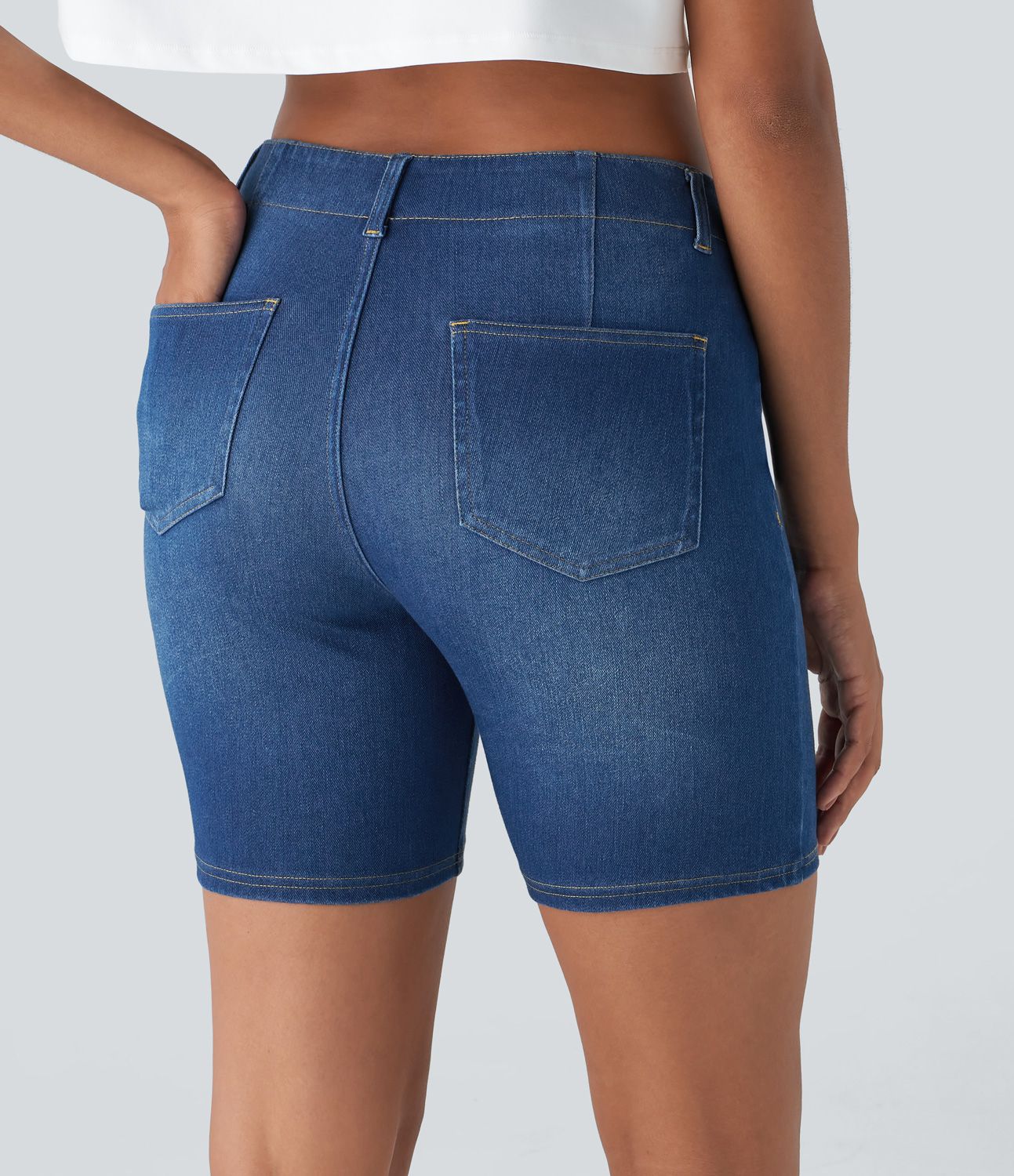Short décontracté Halara Flex™ en maille denim extensible délavée taille Mi, haute avec poches arrière et effet frais InstantCool