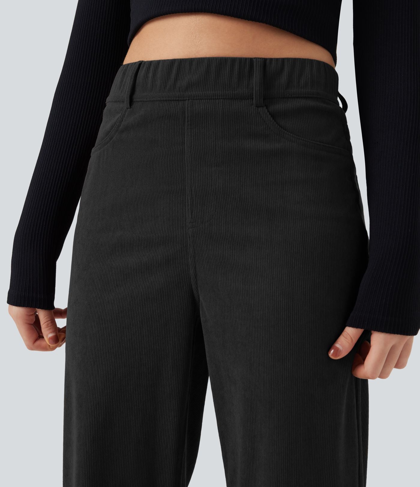 Pantalon décontracté droit en velours côtelé, taille haute, gainant, avec poches