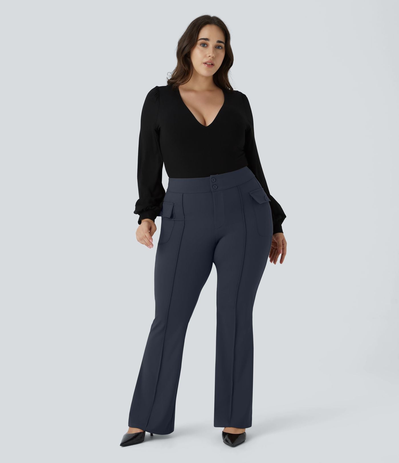 Pantalon cargo évasé taille haute grande taille avec poches à rabat latérales