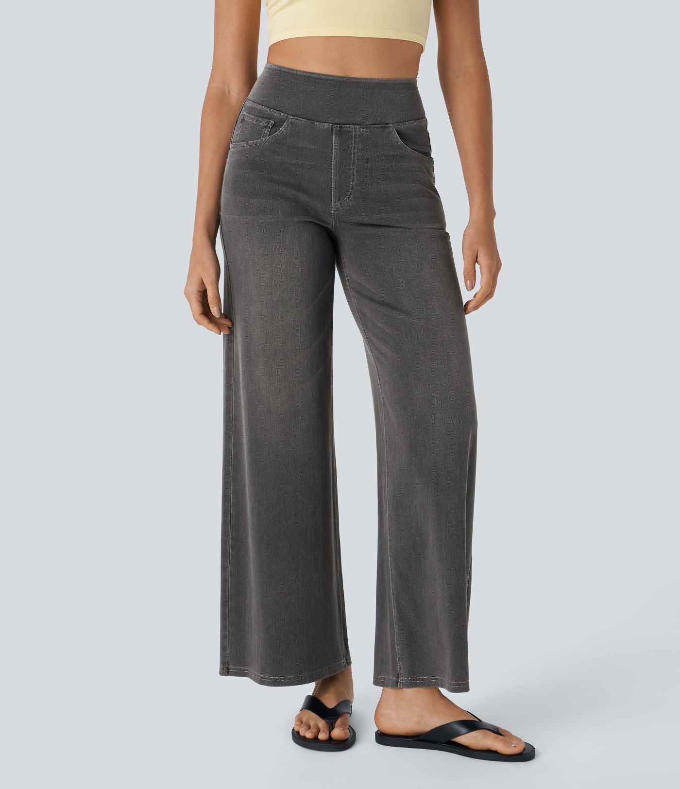 Halara Flex™ Jean Large Casual Taille Haute Poches Multiples Tricot Extensible Délavé