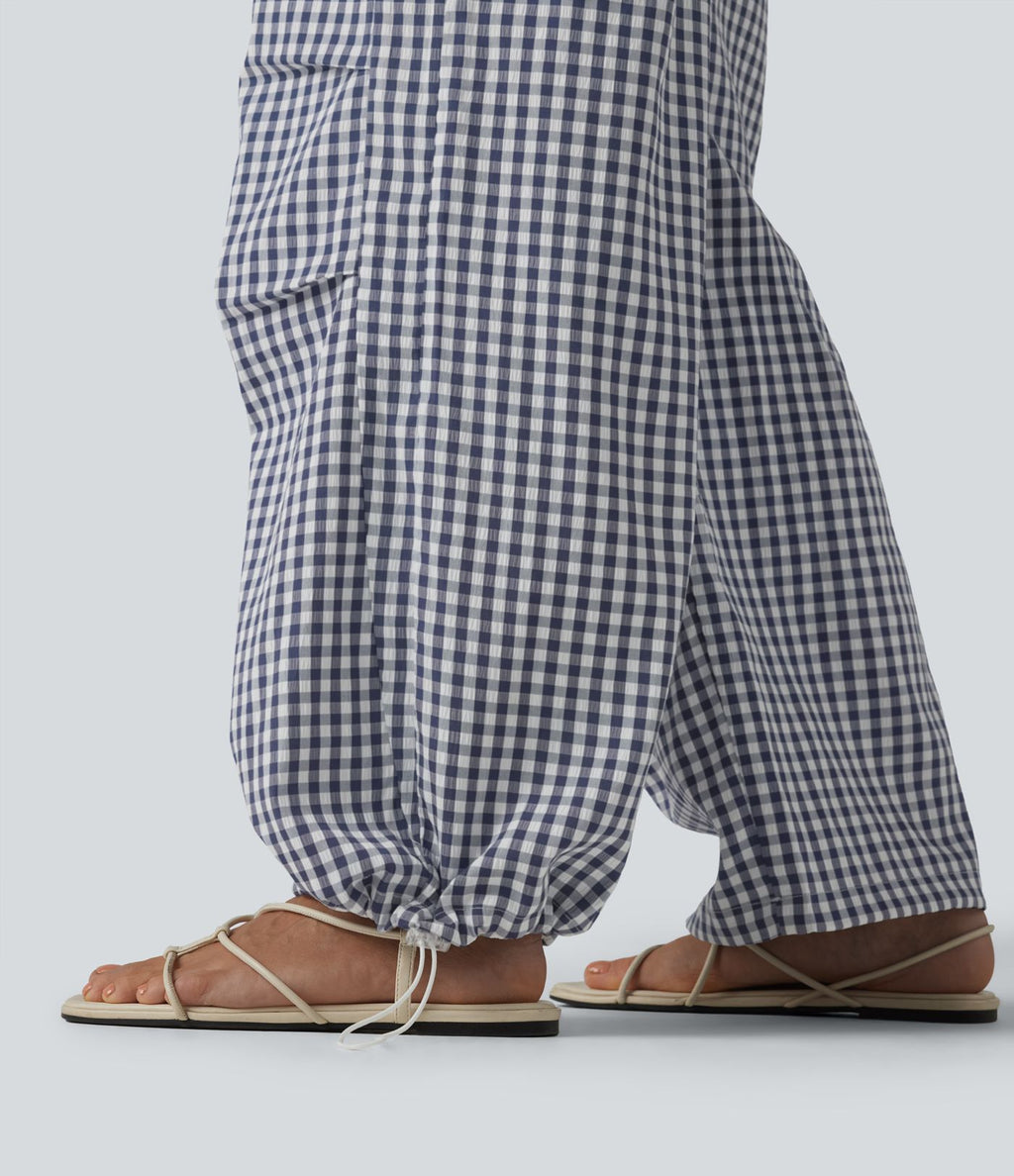 Pantalon ample décontracté à carreaux vichy, taille mi-haute, cordon de serrage et poches