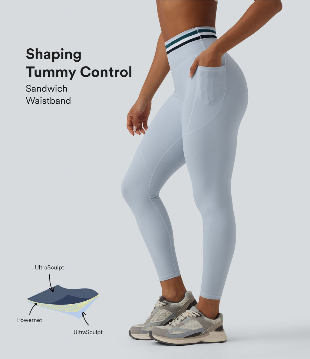 Legging de sport Halara UltraSculpt™ 7/8 gainant taille haute color block à rayures avec poches