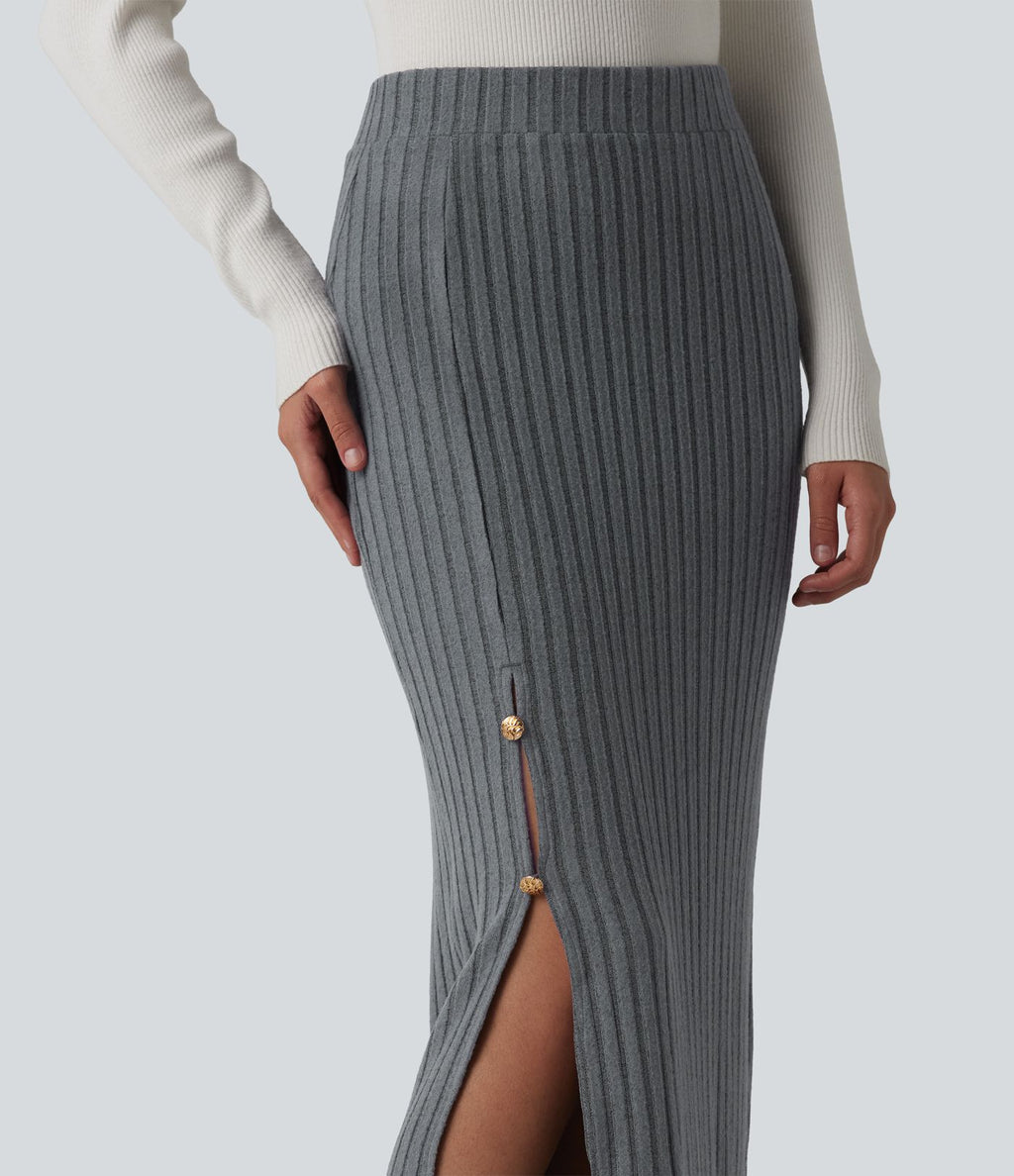 Jupe midi de bureau taille haute en maille côtelée