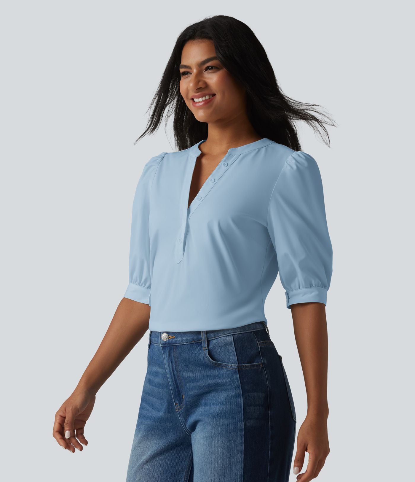 Blouse décontractée col Henley manches bouffantes mi-longues