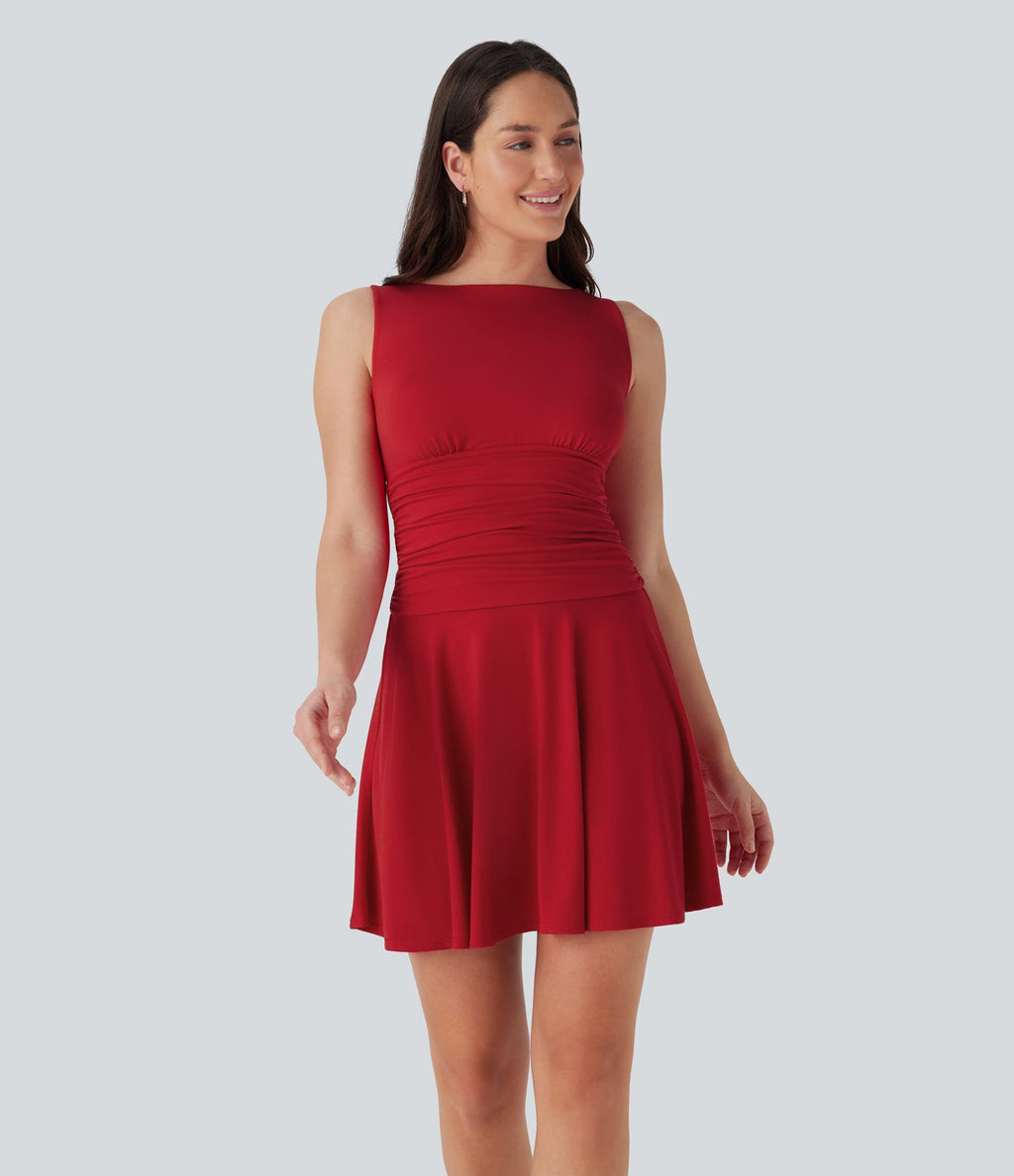 Mini-robe décontractée fluide à encolure bateau, sans manches et fronces