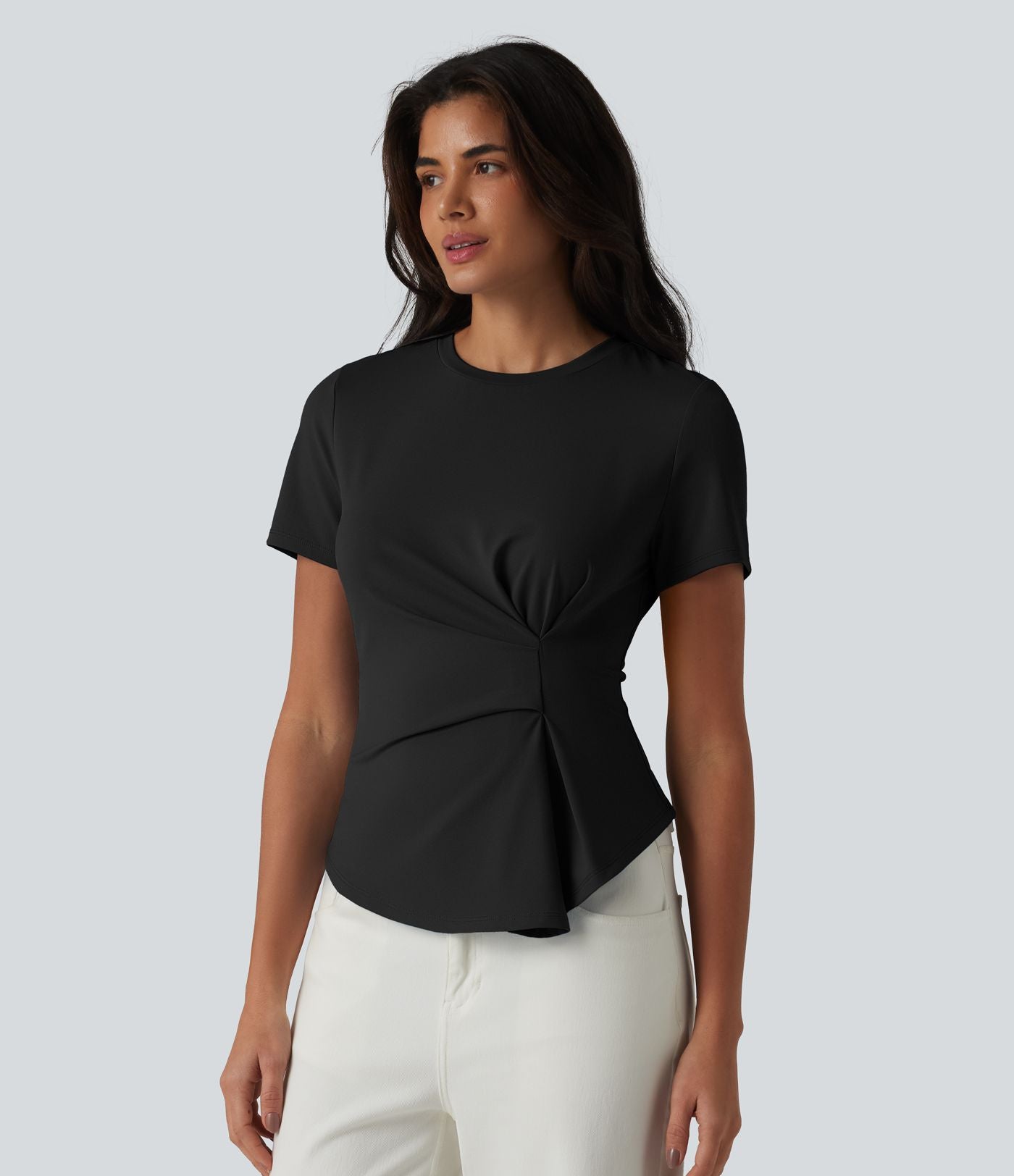 T-shirt décontracté col rond manches courtes froncé ourlet asymétrique